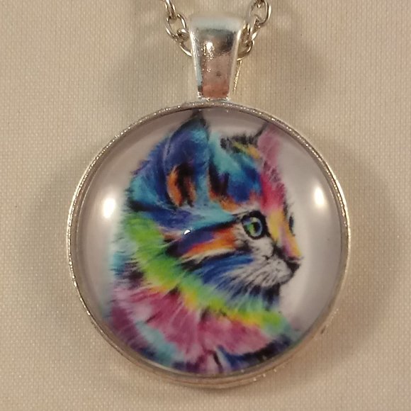 Kristy's Jewels Jewelry - Silver Plate Rainbow Cat Kitty Cabochon Pendant Chain Necklace Gorgeous Gift